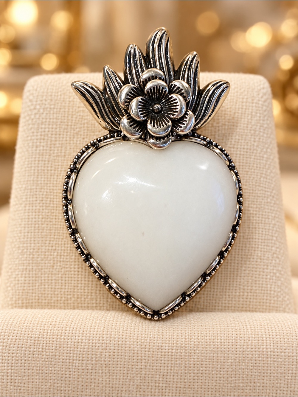 Sterling Silver Floral Heart ring with White Stone